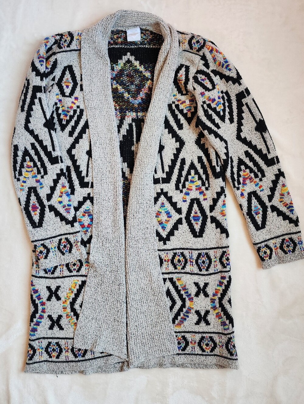 Open-Front Geometric Knit Long Cardigan Sweater